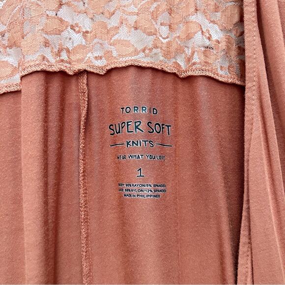 TORRID Super Soft Rust Burnt Orange Front Drape Lace Yoke Cardigan Sweater Sz 1 - Picture 6 of 8